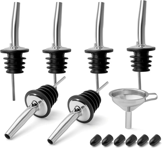 LanMa Olive Oil Spouts for Bottles, Stainless Steel Bottle Spout for Pours Liquor Vinegar Syrup or Oils with Stainless Steel Funnels (6 Pcs)