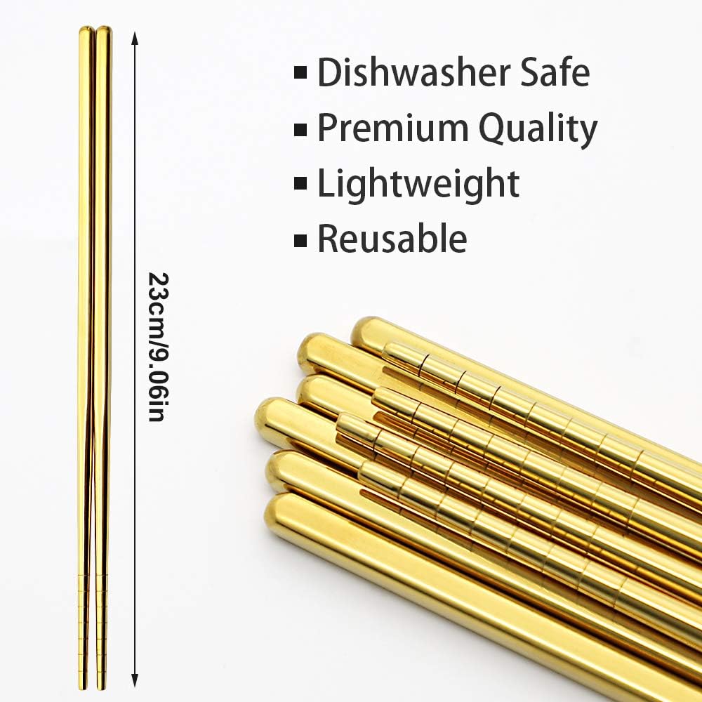 Stainless Steel Chopsticks Reusable Multicolor Lightweight 304 Metal Chopsticks Dishwasher Safe - 5 Pairs (Gold)