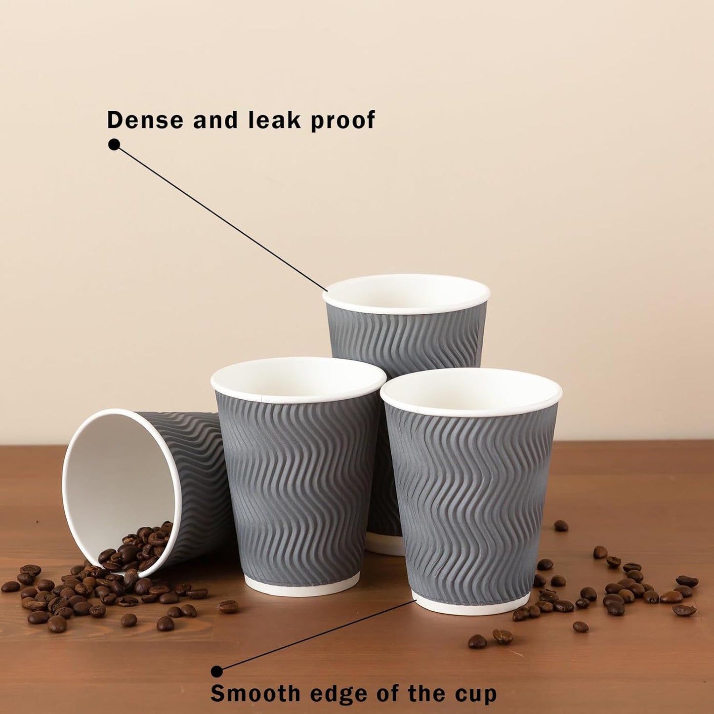 Coffee Cups 12 oz 120 Pack, Corrugated Insulated Ripple Wall Disposable Paper Coffee Cups 12oz, To Go for Hot Beverage or Cold Drinks Office/Home/Cafe/Party/Travel (Gray)