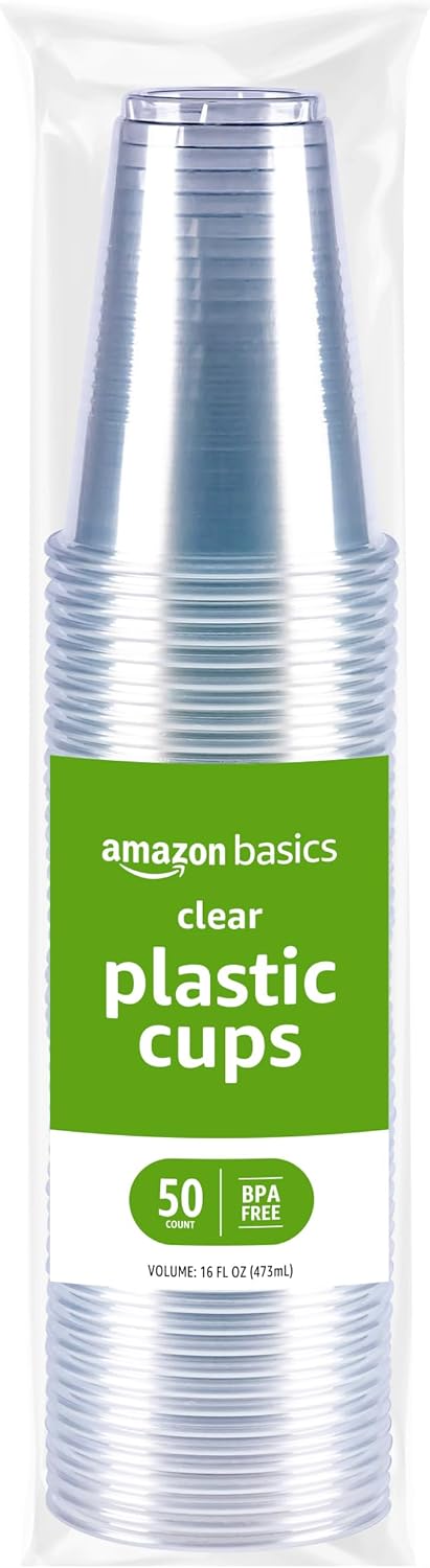 Amazon Basics Disposable Clear Plastic Cups, 16oz, 50 Count
