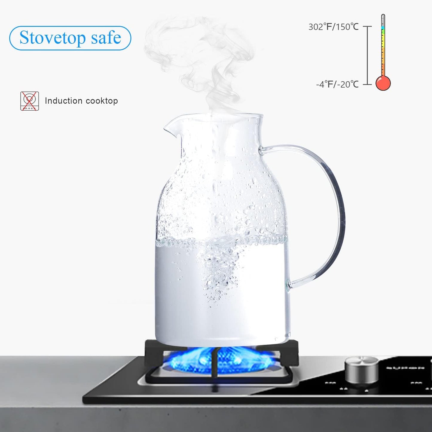 Glass Water Pitcher with Lid and Spout, 68 Ounces Heat Resistant Borosilicate Glass Carafe with Brush and Mixing Spoon, Temperature Safe