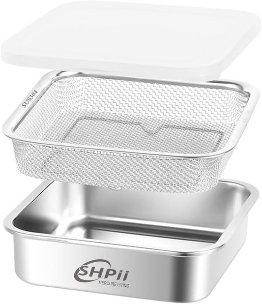 Square Colander Set,304 Stainless Steel with PE Lid,Storage Container,Prep,Tofu Drainer,Shellfish Drainer,Back of House Preparation,Refrigerator Storage,Picnic Party (1500ML)