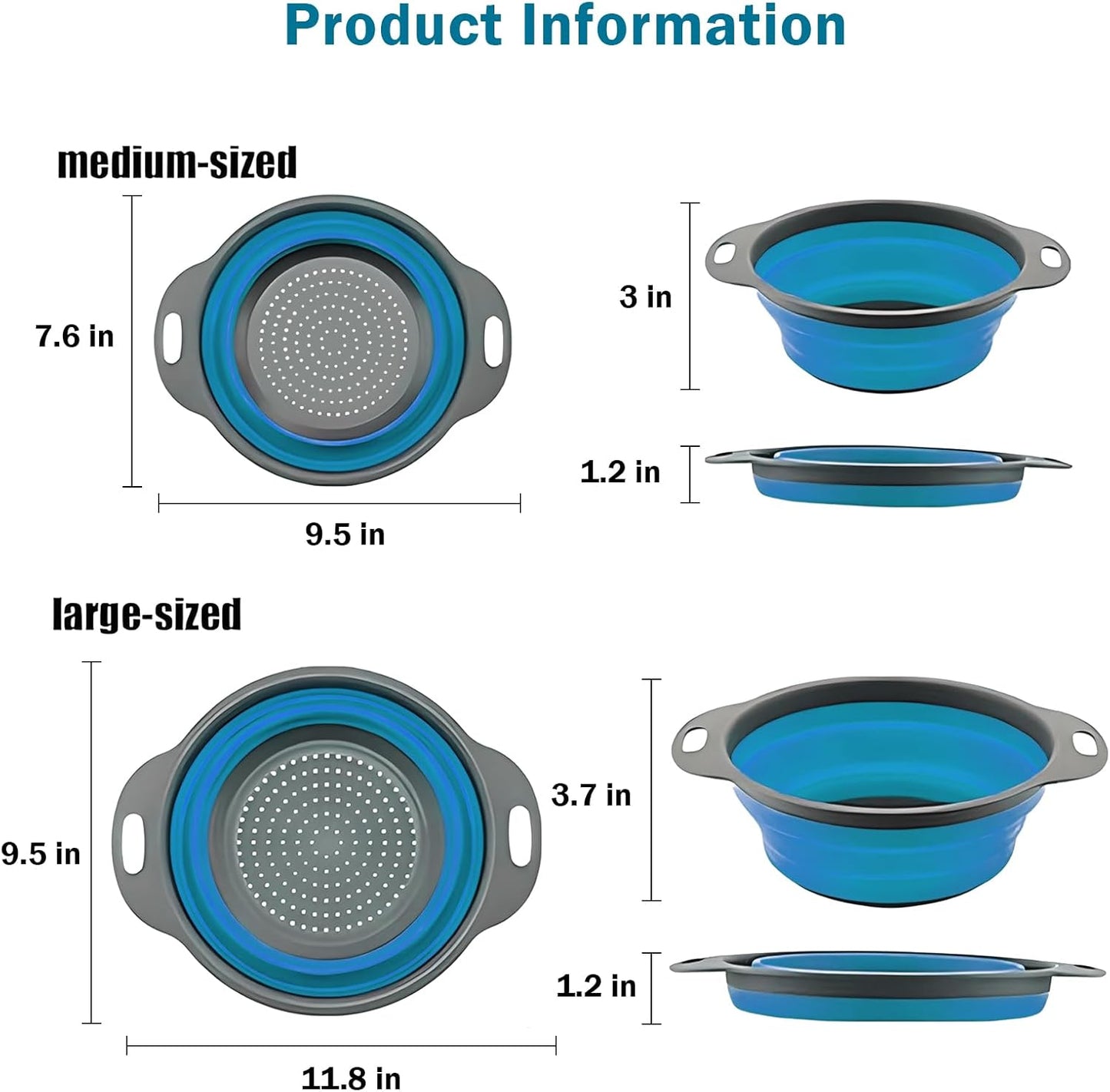 Collapsible Colander Set of 2 Silicone Kitchen Strainer Set, Perfect for Draining Pasta, Vegetable and fruit for Kitchen and Travel Use (Blue)