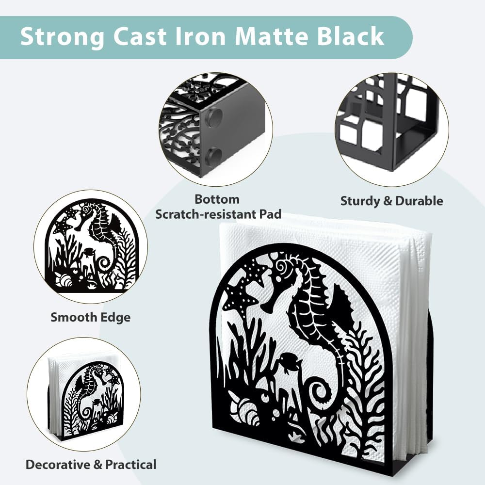 Seahorse and Coral Decorative Black Metal Napkin Holder for Table, 4.9" x 4.9" x 1.9" Ocean Standing Napkin Holder for Home Kitchen Restaurant Picnic Party Coffee Bar Dining Room