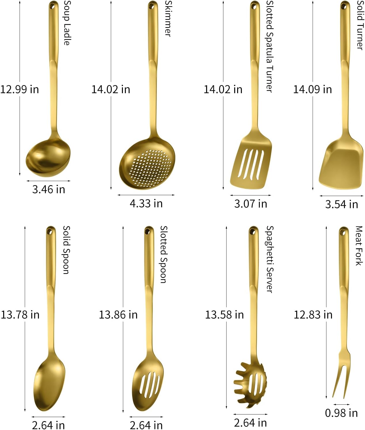 304 Stainless Steel Cooking Utensils Set, 8PCS Kitchen Utensils Set, Include Skimmer, Soup Ladle, Spaghetti Server, Wok Spatula, Slotted Spoon, Solid Spoon, Slotted Spatula Turner & Meat Fork, Gold