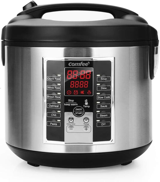 COMFEE' Rice Cooker, Slow Cooker, Steamer, Stewpot, Sauté All in One (12 Digital Cooking Programs) Multi Cooker (5.2Qt ) Large Capacity. 24 Hours Preset & Instant Keep Warm, Black/Silver (MB-M25)