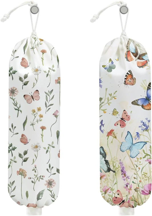 2Pcs Vintage Floral Plastic Bag Holder, Wall Mount Trash Bag Holder, Summer Floral Colorful Butterfly Large Reusable Grocery Bags Storage Dispenser for Home Kitchen Pantry, Butterfly Gifts for Women