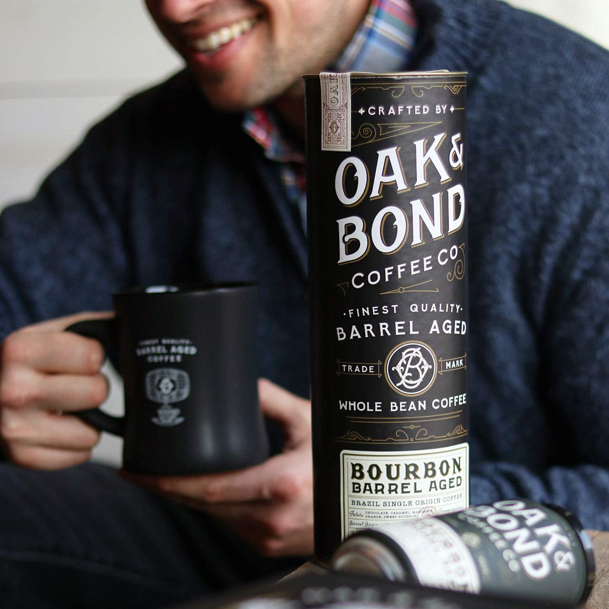 Oak & Bond Coffee Co. Bourbon Barrel Aged Coffee, Brazil Single Origin Whole Bean, Medium Roast - Chocolate, Caramel, Mandarin Orange, Sweet Bourbon Flavors - 10oz