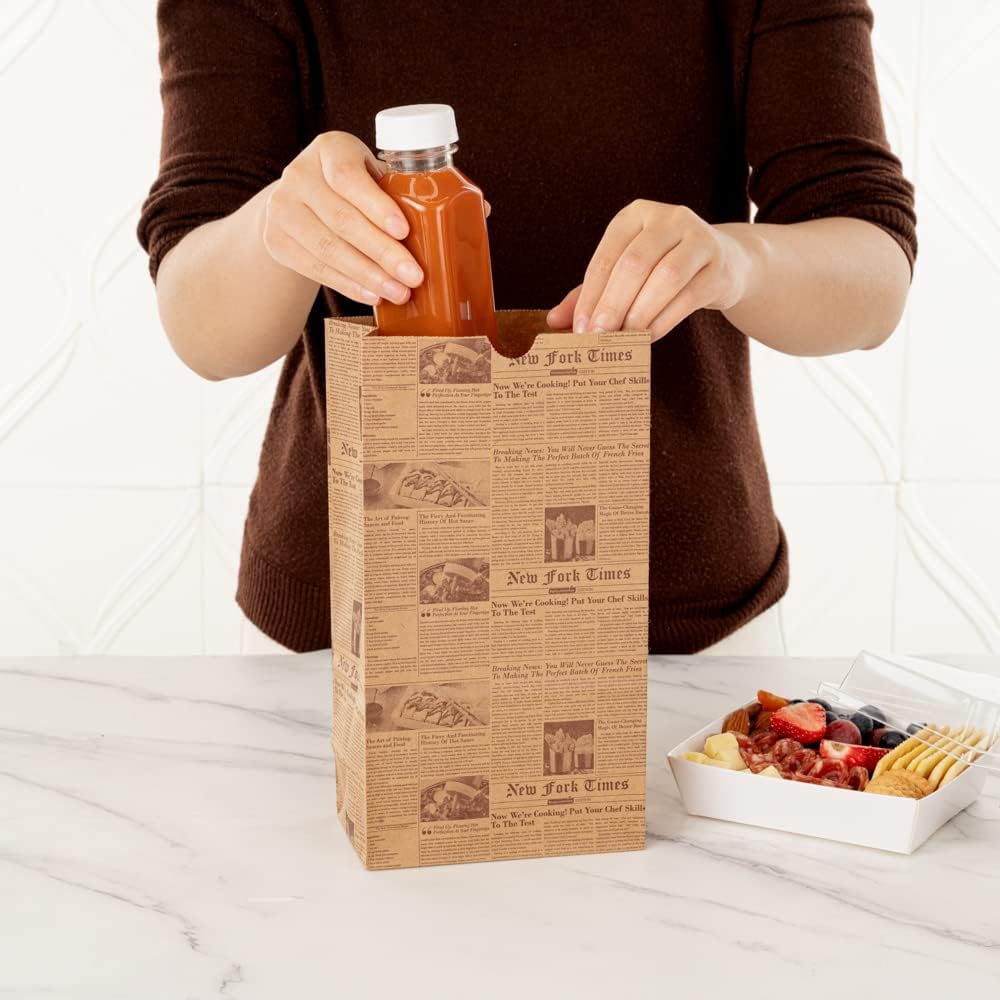 Restaurantware Bag Tek 8 Lb Disposable Lunch Bags 100 Sturdy Take Out Bags - Flat Bottom Microwavable Kraft Newsprint Design Paper Bags Freezable Great For Restaurants Cafes And Bakeries