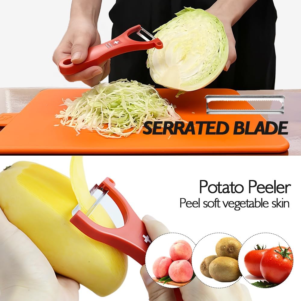 Swiss Peeler Vegetable & Potato Peelers for Kitchen, Original Swiss Made Ergonomic Kitchen Peelers for Effortless Prep - Pack of 3 (Green + Orange + Red)
