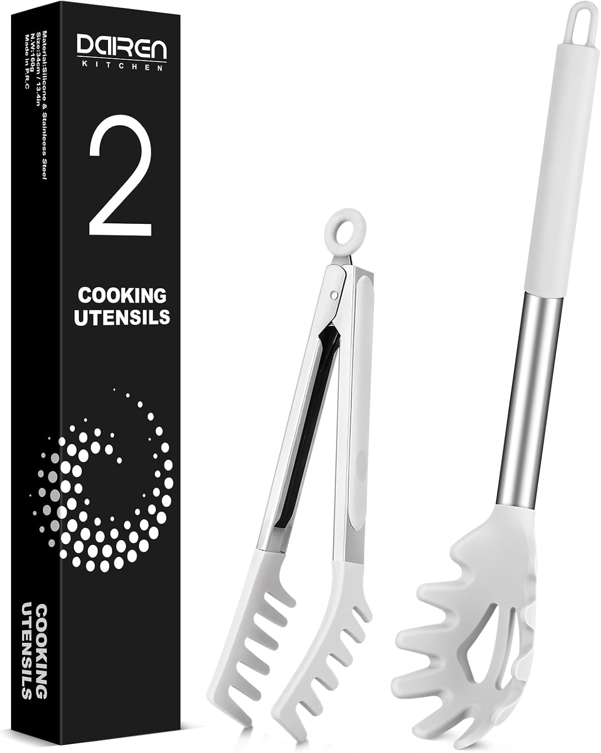 Spaghetti Spoon and Pasta Tong, Non-stick Silicone Spoon Server Fork with teeth and Stainless Steel Handle Spaghetti Tong, Food Clip for Spaghetti Noodle, White