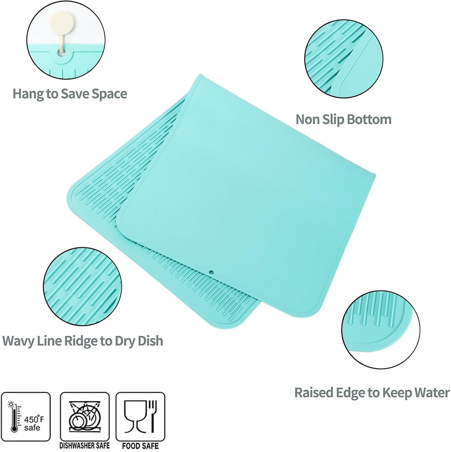 Silicone Dish Drying Mat for Multiple Usage,Easy clean,Eco-friendly,Heat-resistant Silicone Mat for Kitchen Counter or Sink,Refrigerator or Drawer Liner Mint 5XL 36inches x 18inches