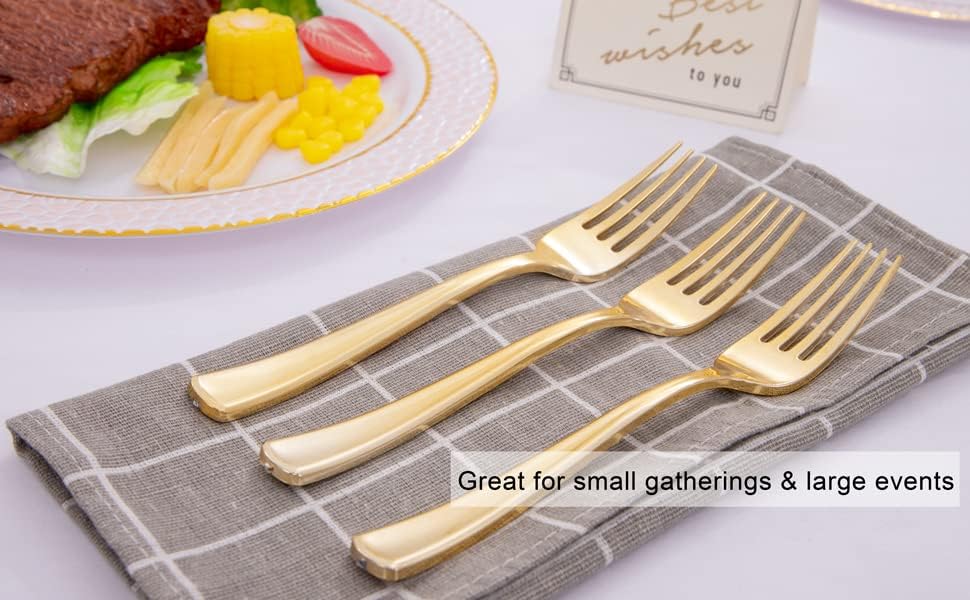 Liacere 200pcs Gold Plastic Forks - Heavyweight - 7.4 Inch Heavy Duty Plastic Forks - Gold Plastic Silverware Perfect For Parties & Weddings & Restaurants & New Year And Daily Using