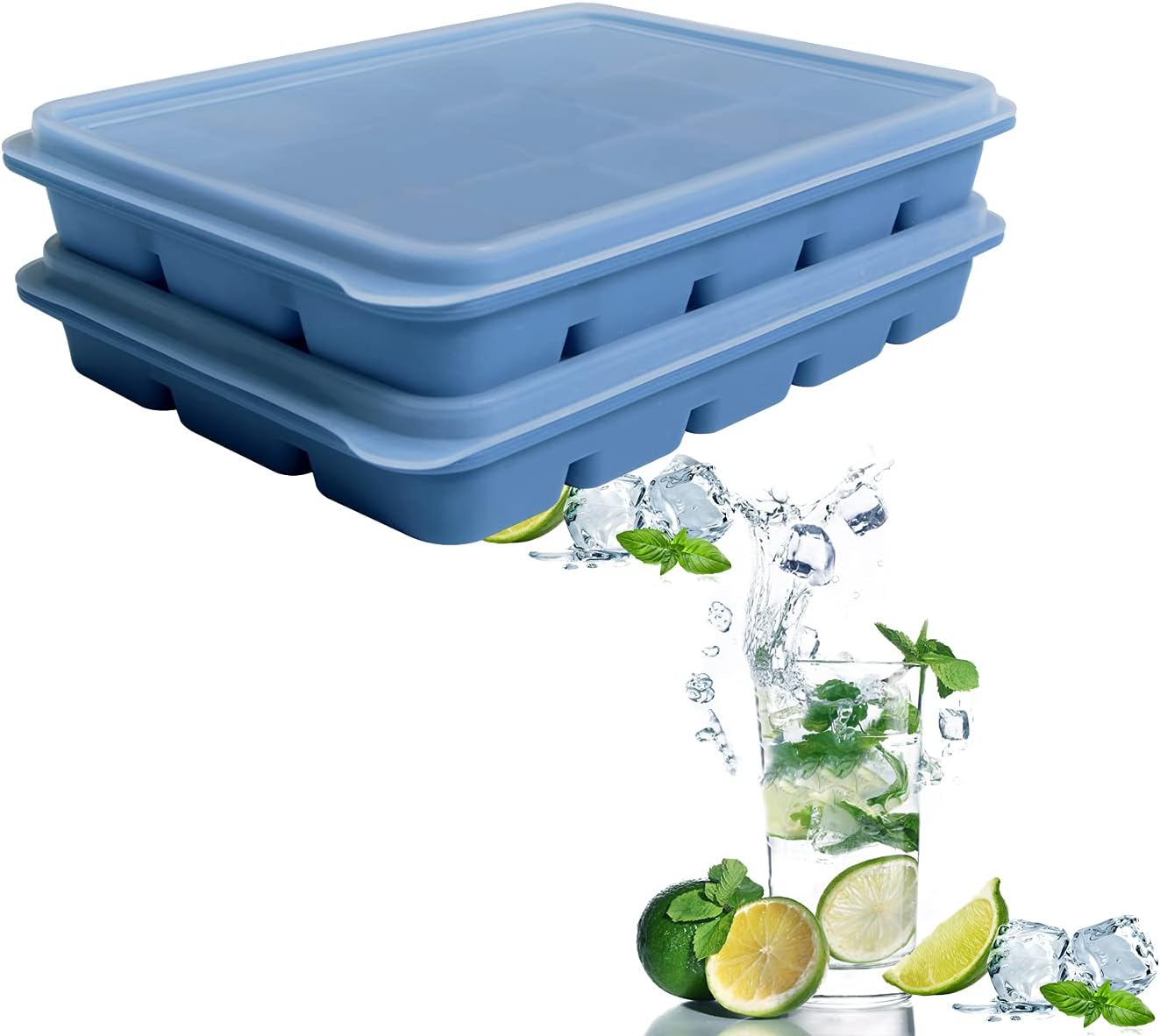 Ice Cube Trays Set of 2, Easy Release 15 Flexible Silicone Ice Cube Molds with Removable Lid Reusable Freezer Ice Trays Stackable for Whiskey, Baby Food, BPA Free (BLUE)