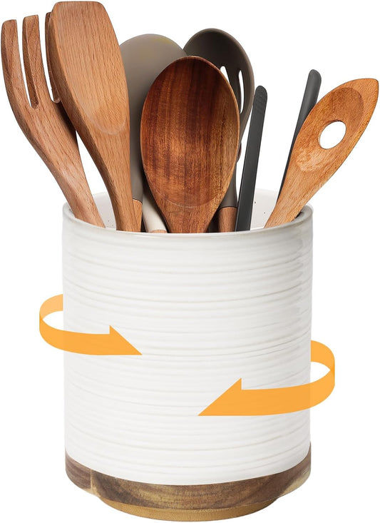 DOWAN 360° Rotating Extra Large Cooking Utensil Holder, 7.6" Kitchen Utensil Holder for Countertop, Utensil Crock for Farmhouse Kitchen Decor, Ceramic Stable Utensil Caddy, White