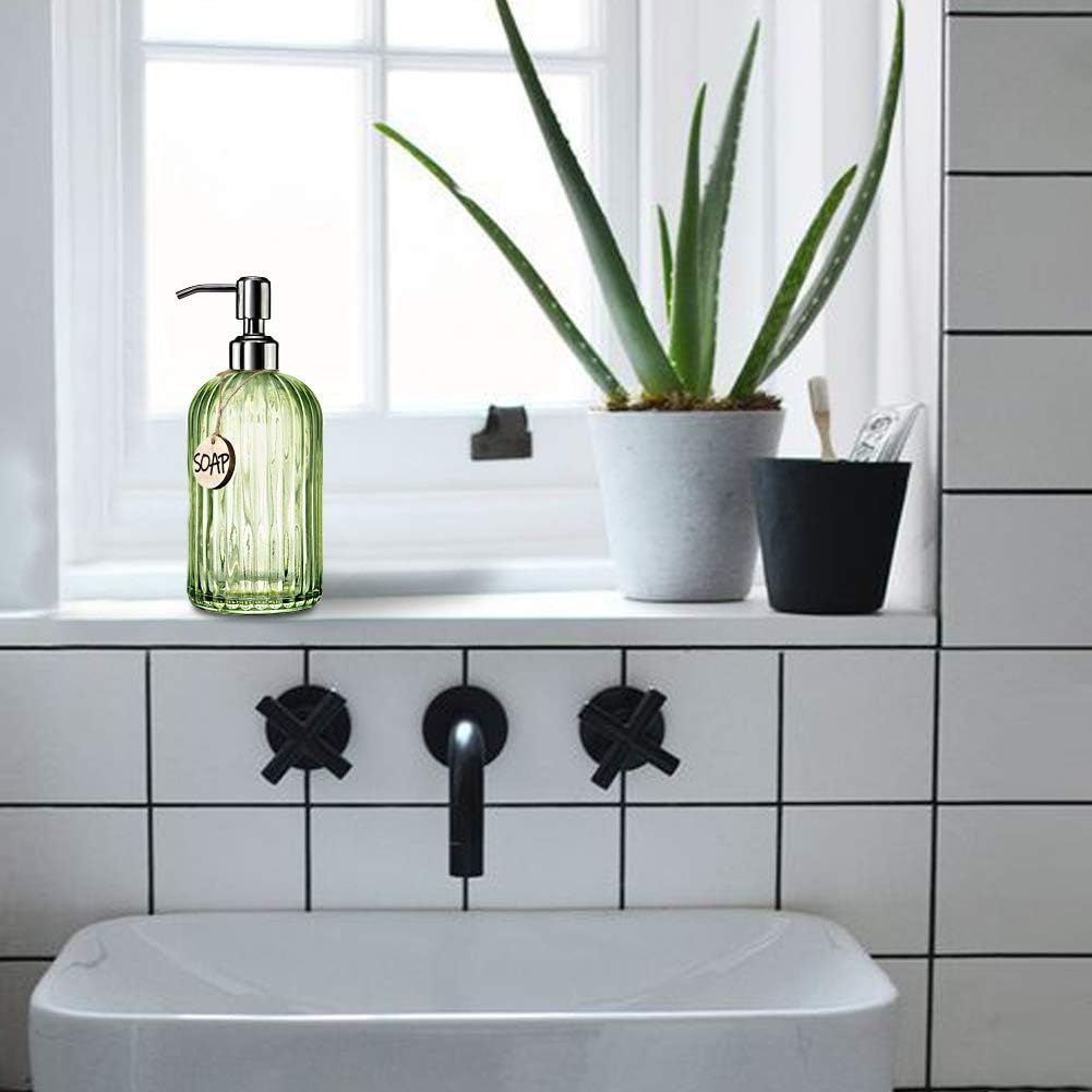 JASAI 18 Oz Vertical Striped Green Soap Dispenser with 304 Rust Proof Stainless Steel Pump, Refillable Lotion Soap Dispenser for Bathroom, Kitchen, Hand Soap, Dish Soap (Clear Green)
