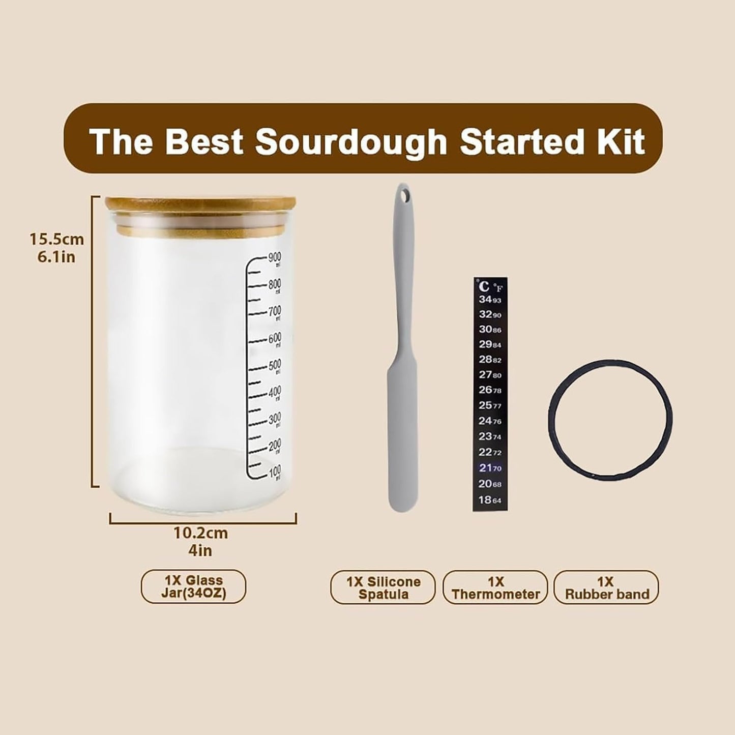 Pro Sourdough Bread Starter Kit - 34 oz sourdough jar with 5 unique features for the perfect sour dough bread & sourdough starter kit - baking supplies (34oz-5pack)
