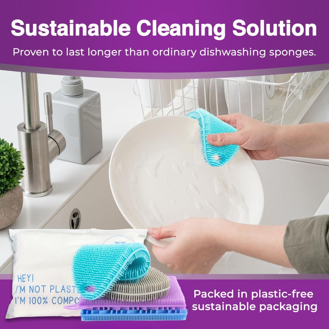 Silicone Sponges for Dishes - 4 Pack Dual-Sided Dish Scrubber and Sponge - Food Grade, BPA Free Silicone Dish Sponge & Housecleaning