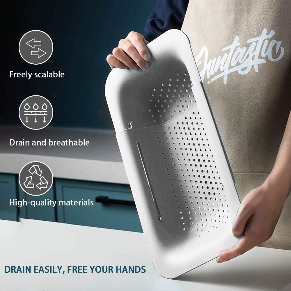 Collapsible Sink Colanders and Strainers Basket Over the Sink Colander Collapsible Colander Extendable Plastic Fruit Vegetable Strainer Drainer Basket for Kitchen (Length 14.3 inch-19.4 inch) (White)