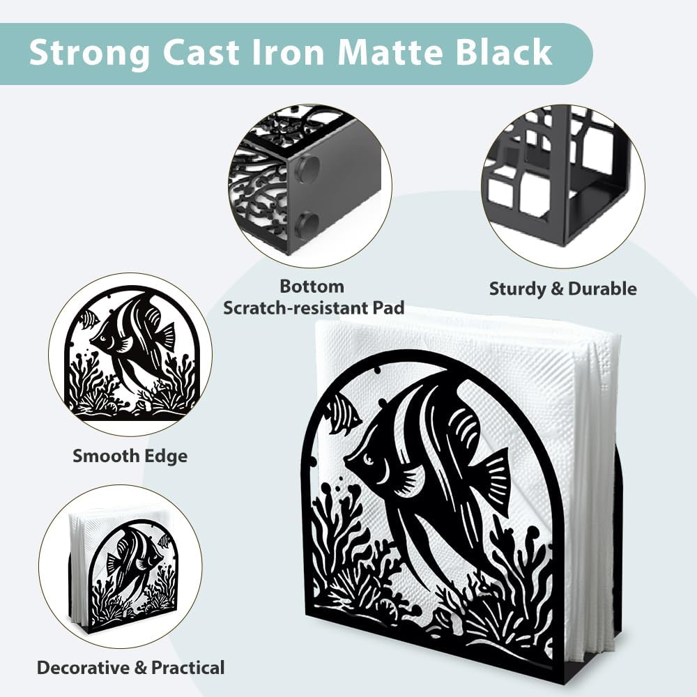 Tropical Fish Decorative Black Metal Napkin Holder for Table, 4.9" x 4.9" x 1.9" Standing Napkin Holder for Home Kitchen Restaurant Picnic Party Coffee Bar Dining Room