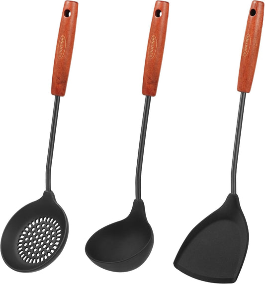 FJNATINH Wok Tools, Wok Utensil,Wok Spatula,Ladle,Skimmer Tool Set,Non Stick Heat-Resistant Silicone Cooking Utensils BPA Free Kitchen Utensils Cookware, Pack of 3,Black