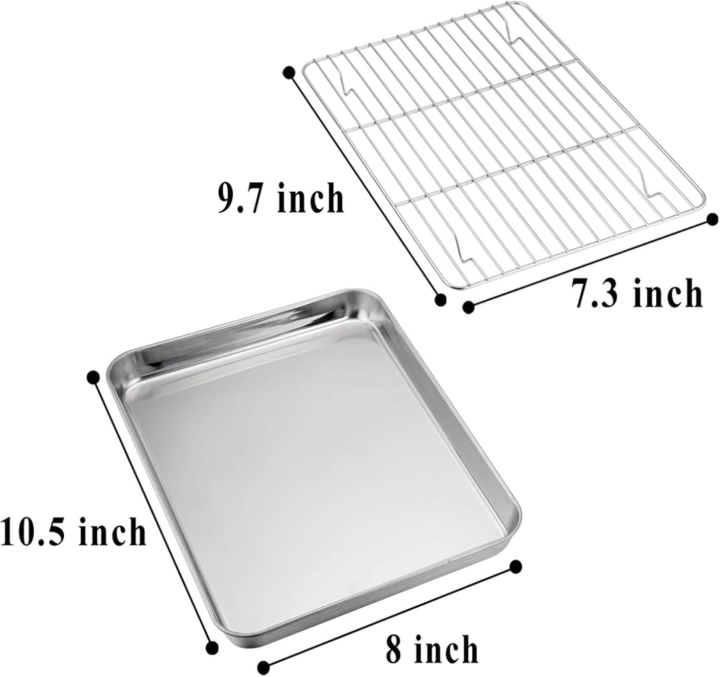 TeamFar 10.5’’ x 8’’ x 1’’ Toaster Oven Pan with Rack Set, Small Baking Pans Tray Stainless Steel with Cooling Rack Set of 4, Non-Toxic & Heavy Duty, Mirror Finish & Dishwasher Safe