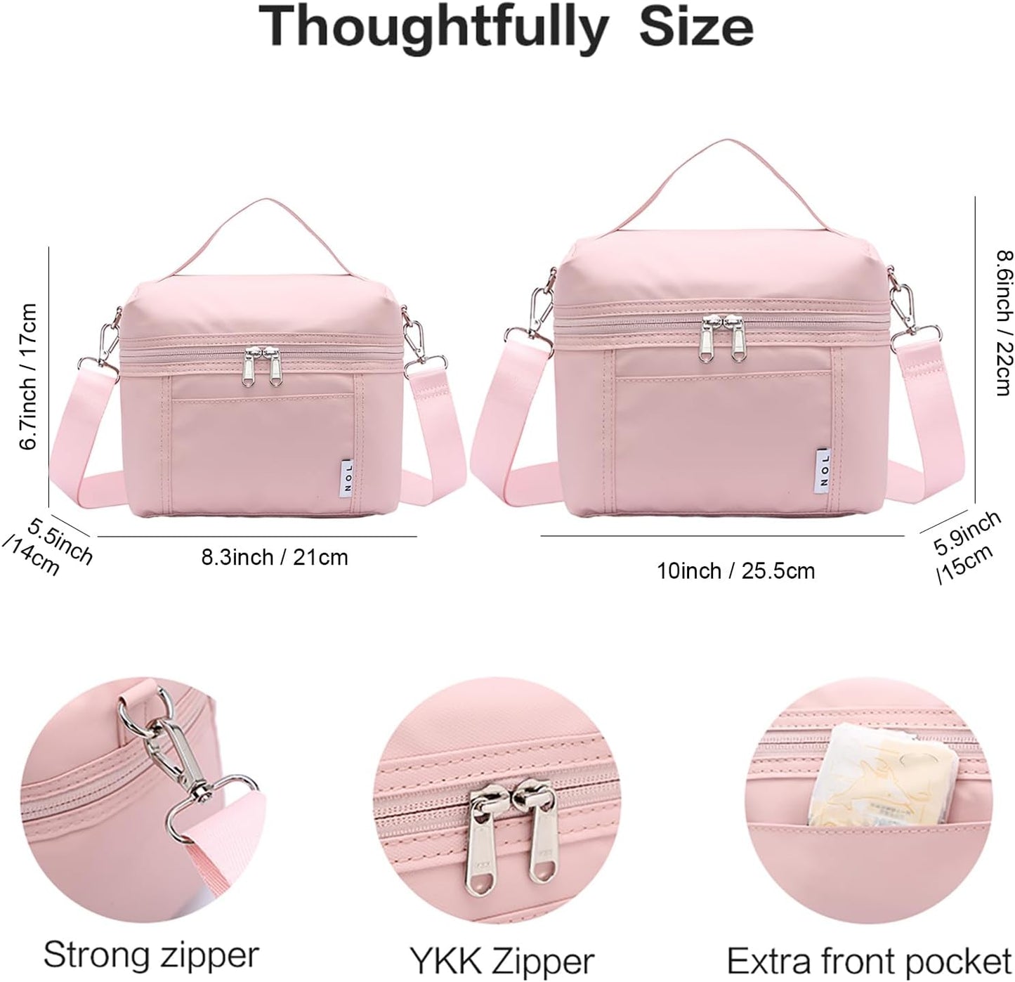 NOL Natural Organic Lifestyle Insulated Lunch Bags for Women Cooler Bag Lightweight Nylon Waterproof Lunch Box For Work (Medium, Pink)