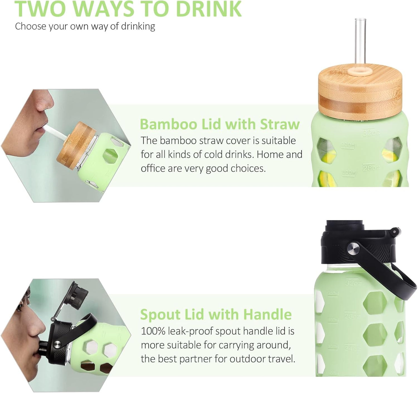 MUKOKO Glass Water Bottles,32oz Glass Tumbler with Straw,Drinking Bottles with 2 Lids-Handle Spout Lid&Bamboo Straw Lid,Motivational Water Bottle with Time Marker and Silicone Sleeve,1 Pack-Mustard