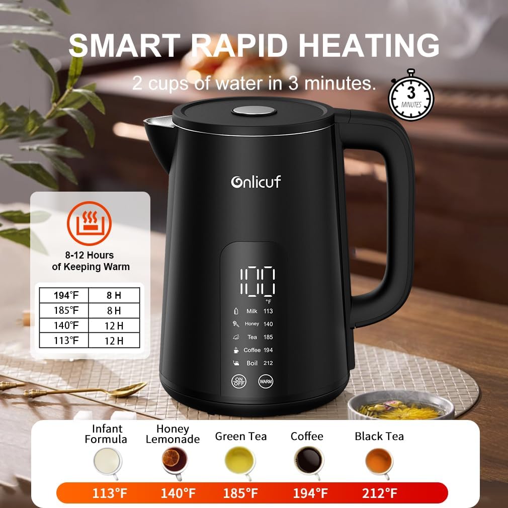 Temperature Control Electric Kettle, Long-term Keep Warm 304 SS Interior 1.7 L Electric Tea Kettle & Hot Water Boiler with Real Time Display,Auto-Off & Boil-Dry Protection, BPA Free