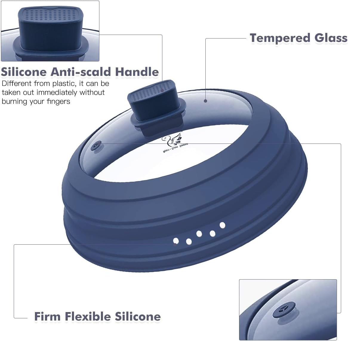 Microwave Splatter Cover Glass Cover Guard Lid with Collapsible Silicone for Food Pot Plate Cover 11.8 inch Dark Blue