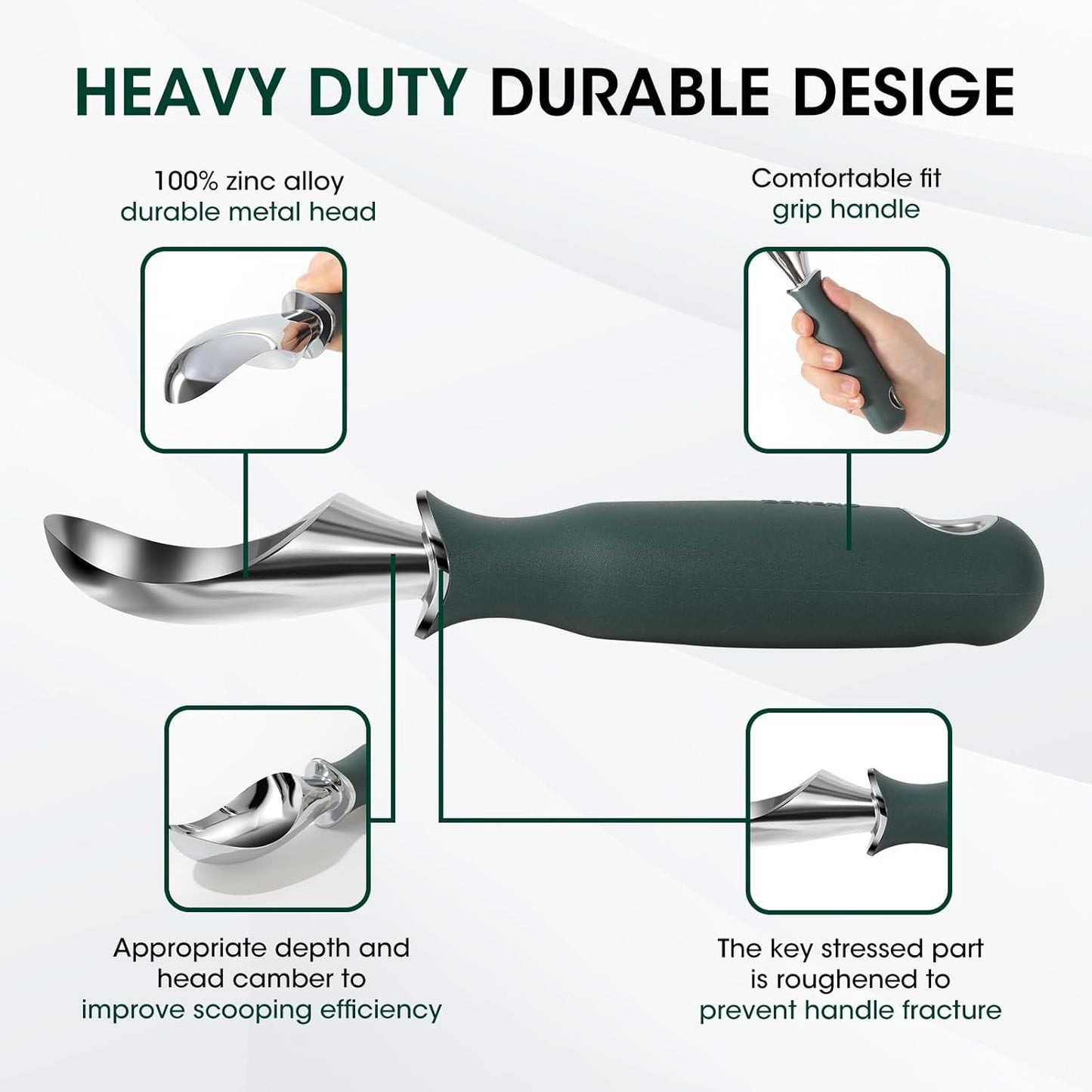 Beneno Heavy Duty Ice Cream Scoop - Upgraded Anti-Fracture Design, Comfortable Grip Long Handle, Effortless Scooping & Dishwasher Safe, Green