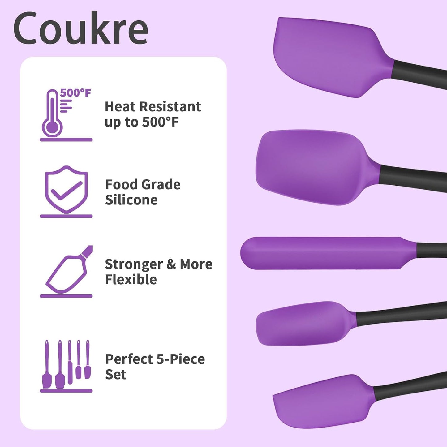 Coukre Silicone Spatula Set of 5,High Temperature Resistant, Food Grade Silicone, Dishwasher Safe, for Baking, Cooking (Purple)