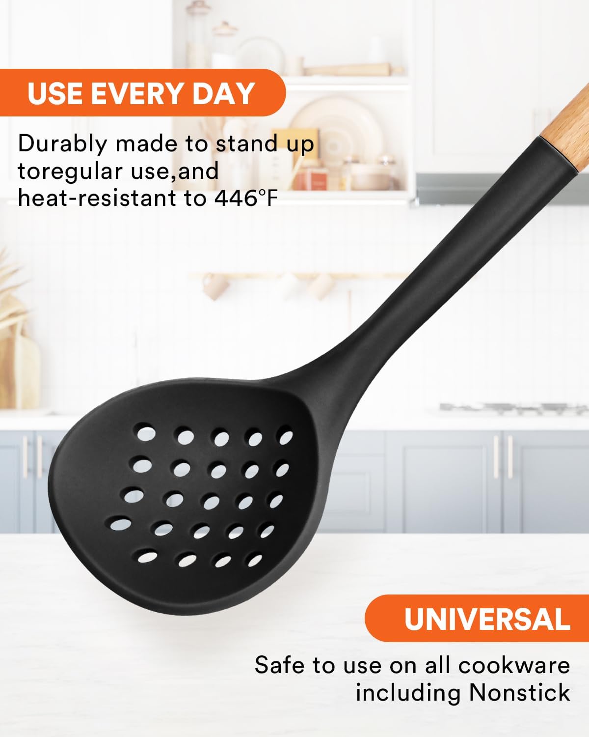 Kitchen Ladle Strainer, Large Slotted Spoon with High Heat Resistant BPA Free, Non Stick Cooking Skimmers For Draining & Frying, 13.2inch (Black & White)