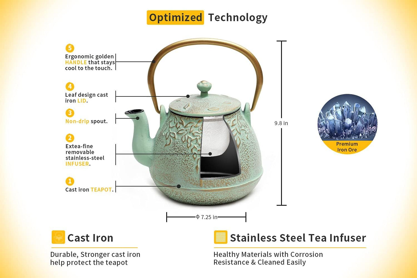 Toptier Tea Kettle for Stove Top, Cast Iron Teapot Stovetop Safe with Infusers for Loose Tea, 54 oz, Light Green