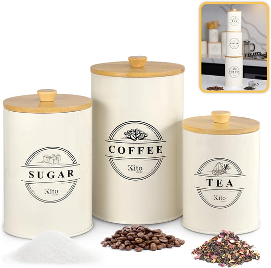 Canisters Sets for Kitchen Counter Storage and Organization with Wooden Bamboo Lids, Food Pantry Containers, Stackable Steel Storage Bins, Airtight Sugar Tea Coffee Canisters - Cream
