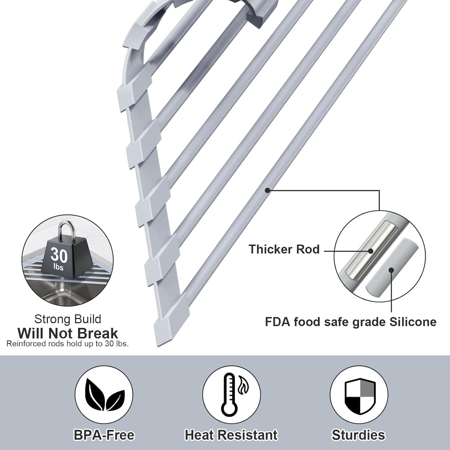 Triangular Sink Rack, Multi-Functional Rack Above The countertop, Foldable Sink Drying mat, Heat-Resistant, Non-Slip, and Rust-Proof Dish Rack (Gray)