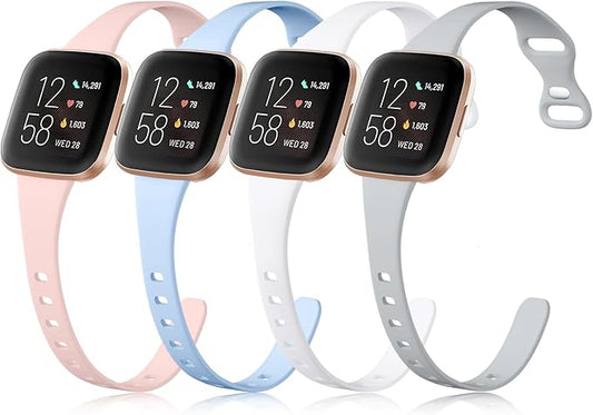 4 Pack Witzon Bands Compatible with Fitbit Versa 2/Lite/SE, Slim Thin Silicone Bands for Verson 2 Women Men, Sport Replacement Wristband Strap for Fitbit Smart Watch(Small, Lilac/White/Pink Sand/Gray)