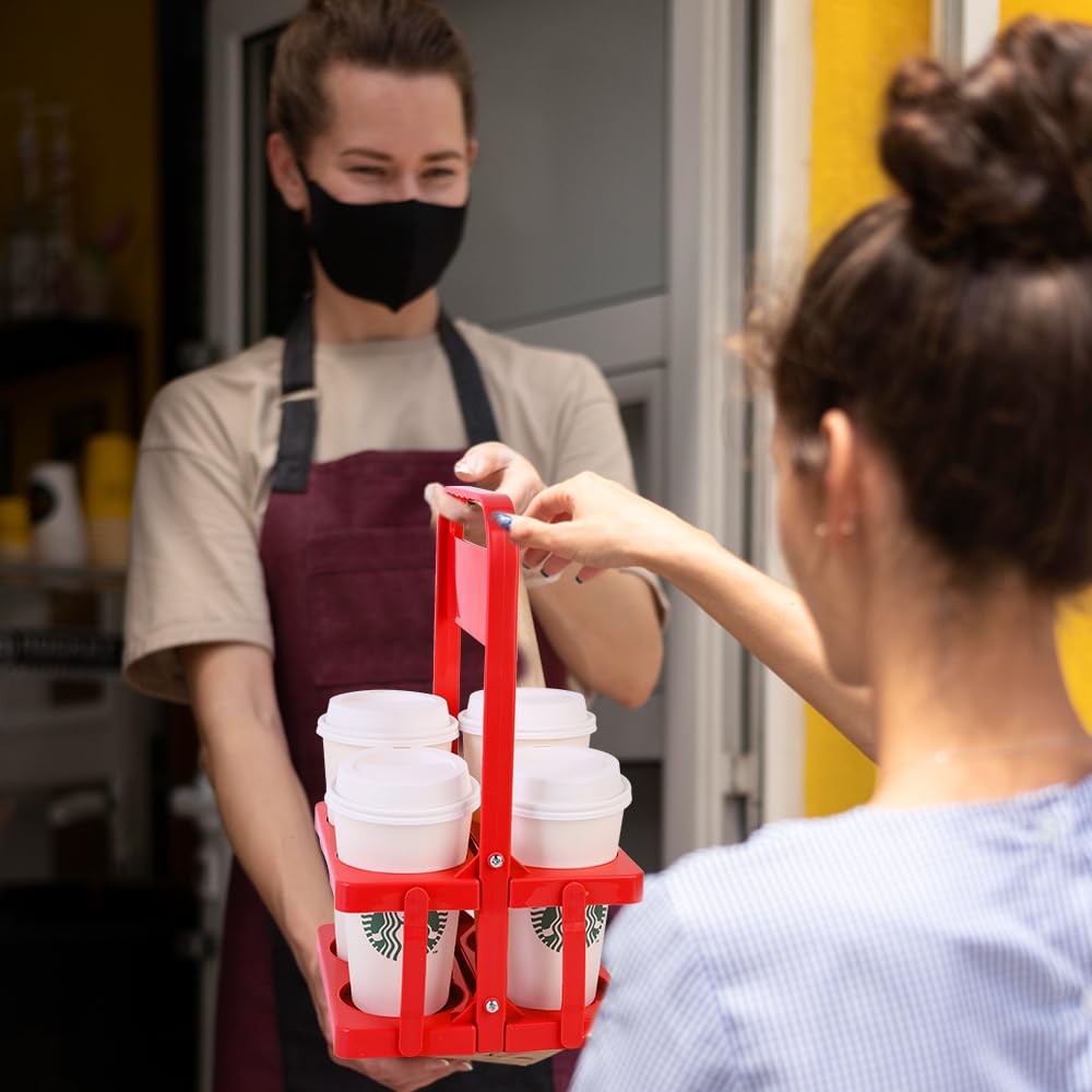 Bodaon 4 Cup Drink Carrier with Handle, Plastic Cup Carriers for Drinks, Drink Holder for Car, GrubHub/Eats Doordash Accessories, Portable Foldable Reusable Mobile, Use for Food Delivery Bag, Red