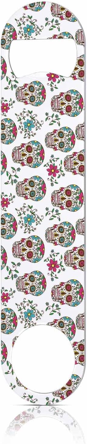 Sugar Skull Stainless Steel Bottle Opener Floral Skeleton Leaf and Flowers Mexico Day of The Dead Halloween Flat Beer Bottle Opener Keychain for Home Kitchen Bar Restaurant Party Birthday Gift