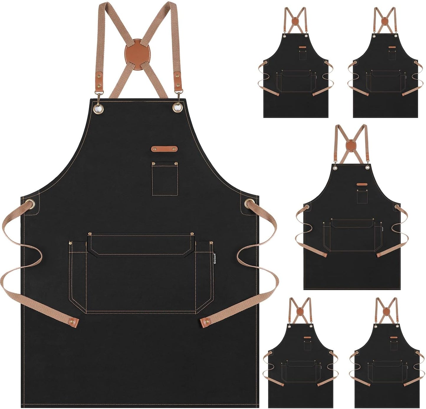 Genixart Chef Apron for Men Women with Pockets, Canvas Aprons for Kitchen Cooking, Artist Painting, Work Apron for Server (Black, 6 Pack)