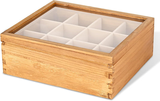 Wood Tea Box Organizer 12 Compartment Multi-Functional Storage Box with Clear Acrylic Window,Tea Bag Holder for Cabinet.