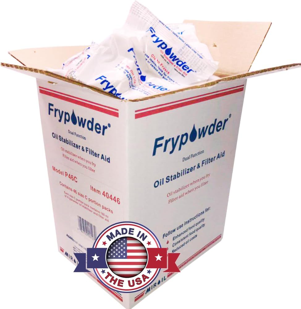 MirOil P46C Fry Powder Oil Stabilizer and Filter Aid, 46 x Size C Portion Pack(160ML Each) Fry Powder, Food Centers Cook Hotter, Deep Fryer Cooking Oil Saver Helps Save Grease & Remove Carbon Deposits