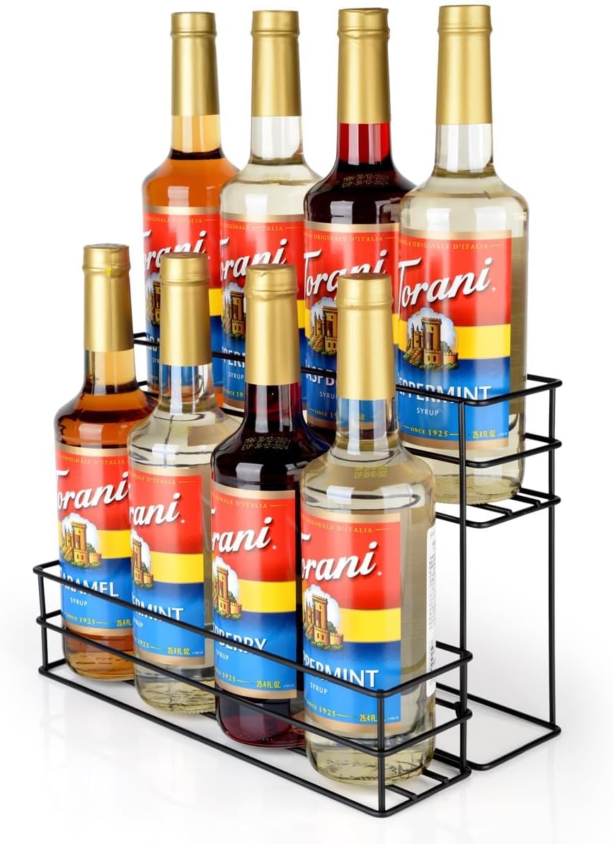 8 Bottle Capacity Coffee Syrup Organizer 2 Tier Coffee Syrup Stand Shelf for Coffee Bar Kitchen Small Wine Rack for Bar Family Storage for Syrup Wine Dressing