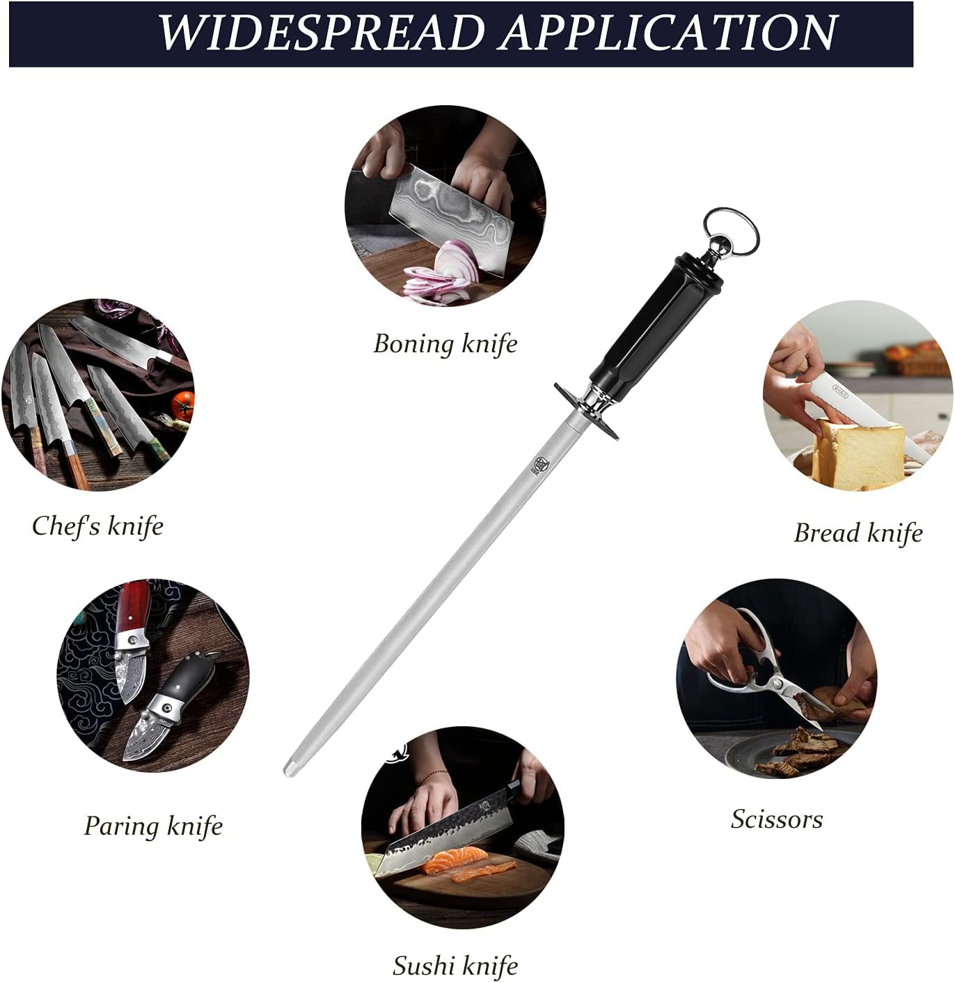 MITSUMOTO SAKARI 12 inch Japanese Honing Steel - Flat Diamond Knife Sharpening Rod, Professional High Carbon Sharpener with ABS Handle & Powerful Magnet