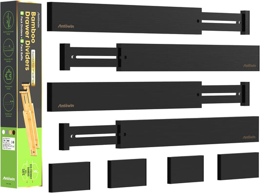 ANTOWIN Bamboo Drawer Dividers Organizers, Expandable Drawer Separators Splitter,17-22 inches Long Adjustable Spring-loaded Organizer for Large Utensil, Clothes, Tools Drawers (Black)