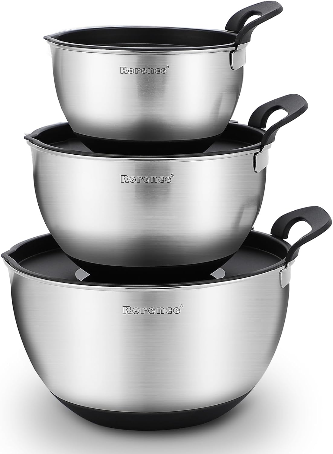 Rorence Stainless Steel Mixing Bowls: Stackable Mixing Bowl Set with Lids and Handles Non-slip Silicone Bottom Nesting Bowls for Kitchen Set of 3 - Black