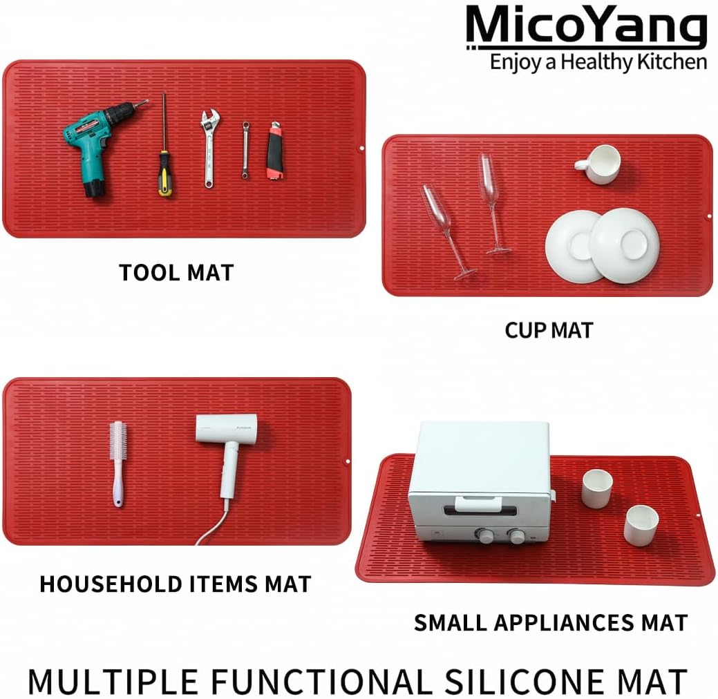 Silicone Dish Drying Mat for Multiple Usage,Easy clean,Eco-friendly,Heat-resistant Silicone Mat for Kitchen Counter or Sink,Refrigerator or Drawer Liner Red 5XL 36inches x 18inches