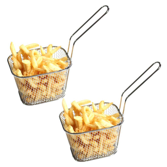 2 Pcs Mini Square Fry Baskets, 4.13×3.3×2.5inch Stainless Steel Fry Basket with Handle Steel French Fry Chip Basket French Fries Desk Food Presentation Mesh Basket Kitchen Cooking Tool