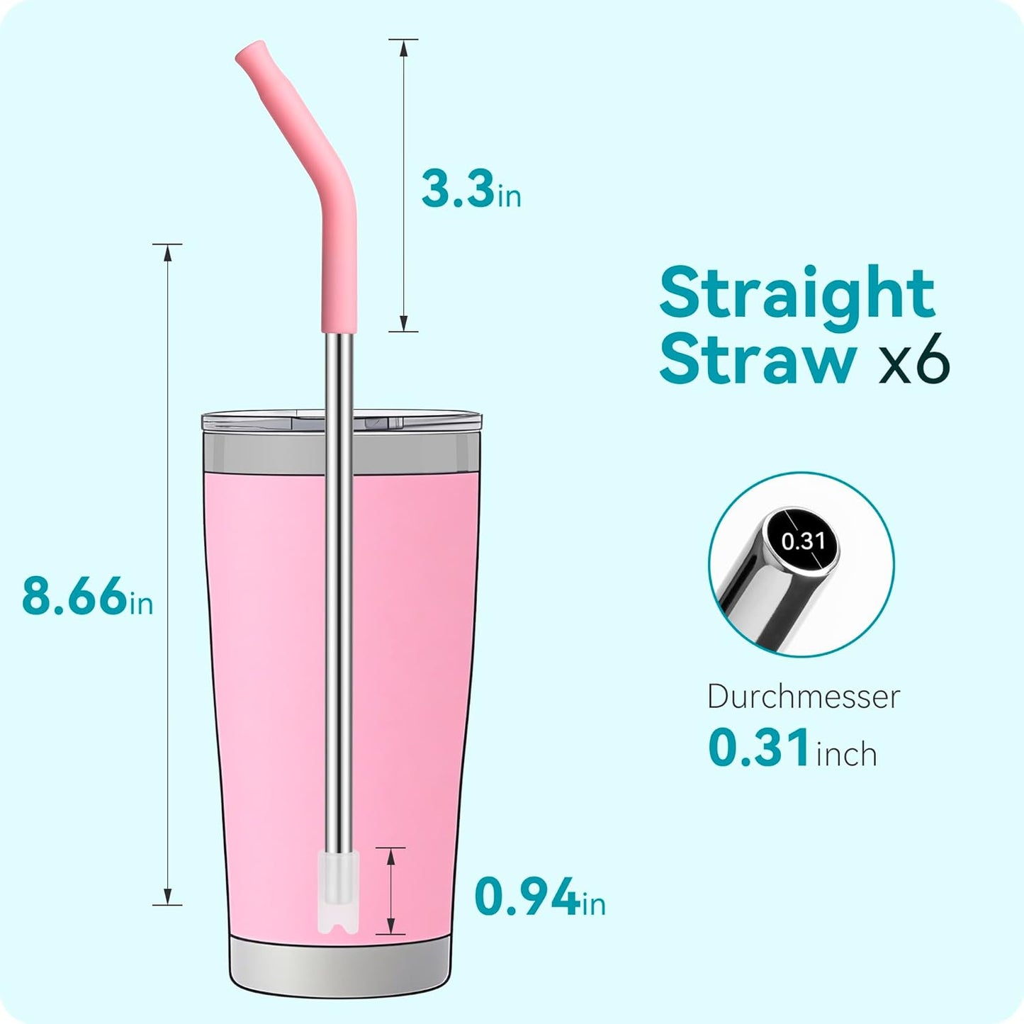 20 oz Straight Metal Straws with Silicone Tip for 20 oz Tumbler, Stainless Steel Reusable Drinking Metal Straw for YETI, STANLEY, US Acrylio, BJPKPK, Simple Modern and so on