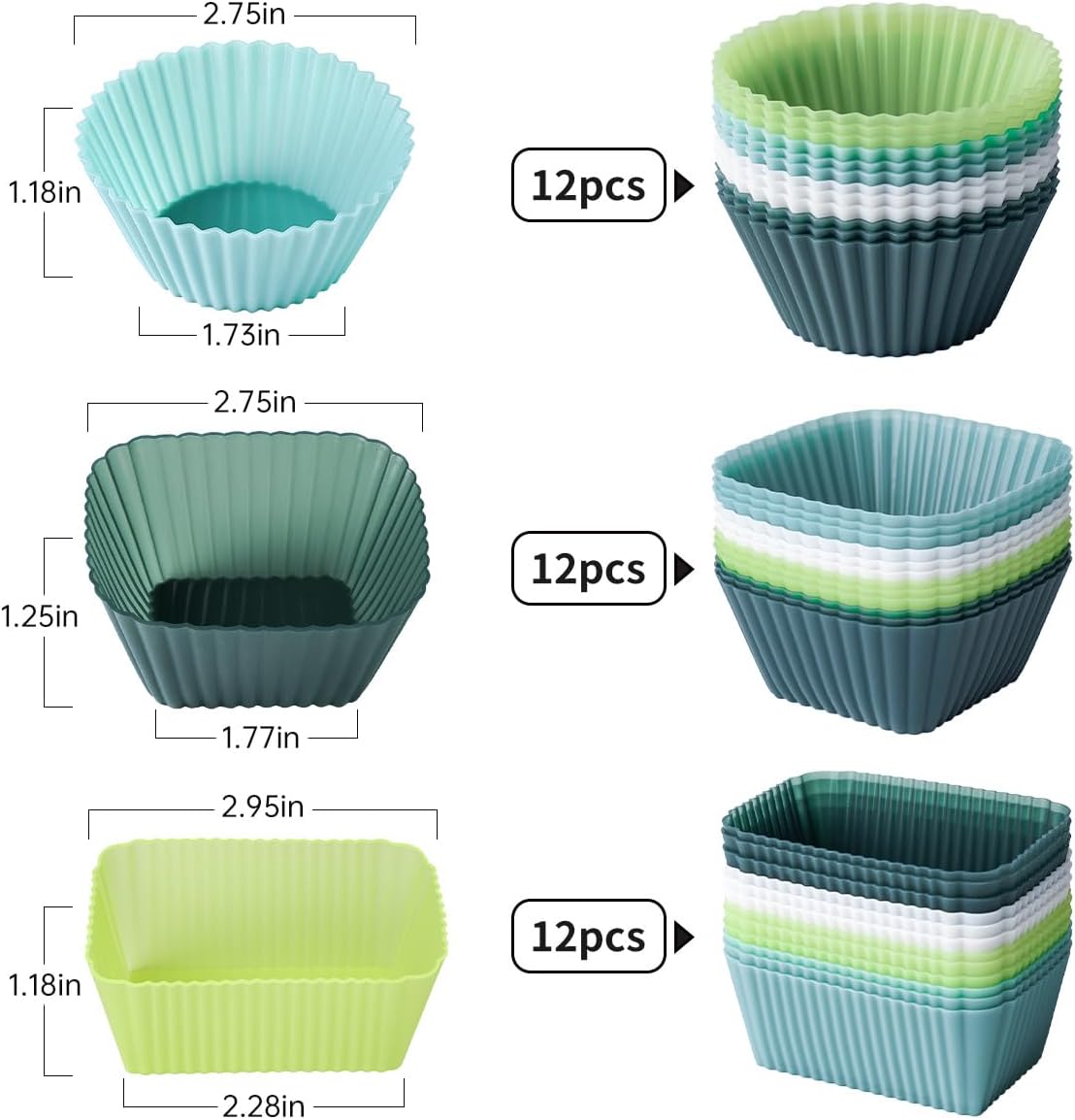 Silicone Cupcake Liners, Upgrades 36 Pack Reusable Baking Muffin Cups Nonstick 3 Shapes Pastry Cake Molds Bento Lunch Box Dividers
